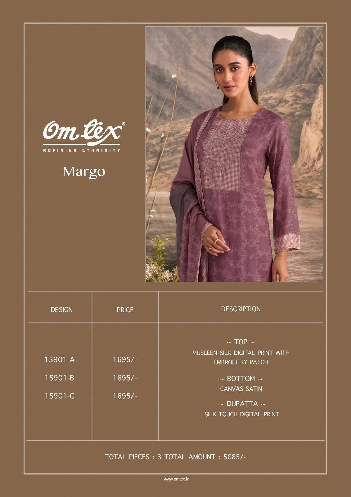MARGO By Om Tex 15901 Series Beautiful Festive Suits Stylish Colorful Fancy Casual Wear & Ethnic Wear Muslin Silk Dresses At Wholesale Price